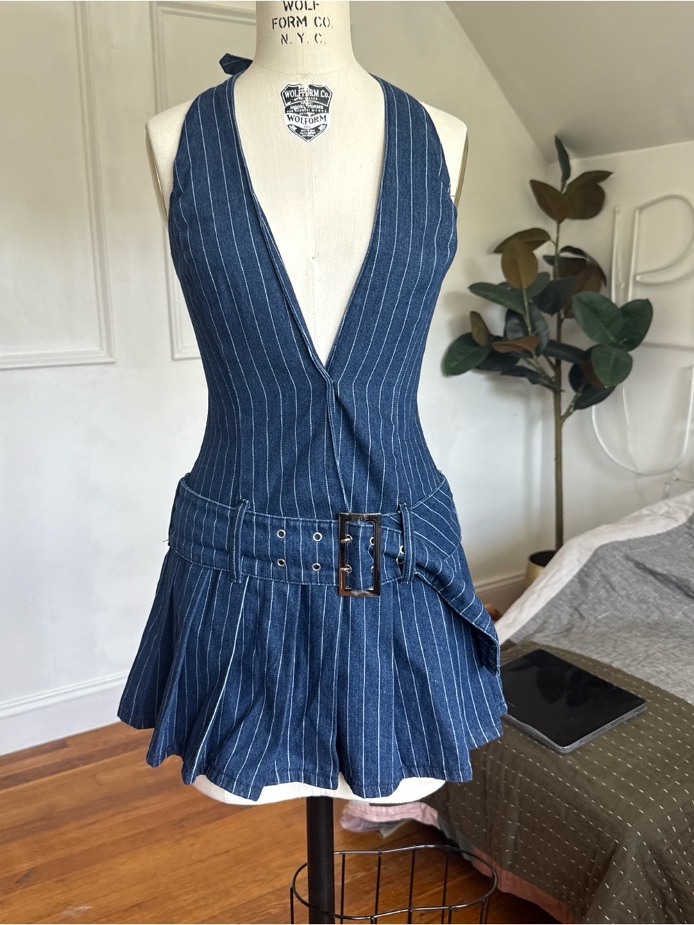 Edikted Blue Pinstripe Denim Skirt with Pink Tags